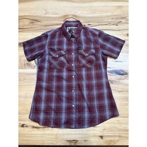 Dixxon Shirt Women's Medium Magnum Red Gray Plaid Bamboo Short Sleeve Pearl Snap